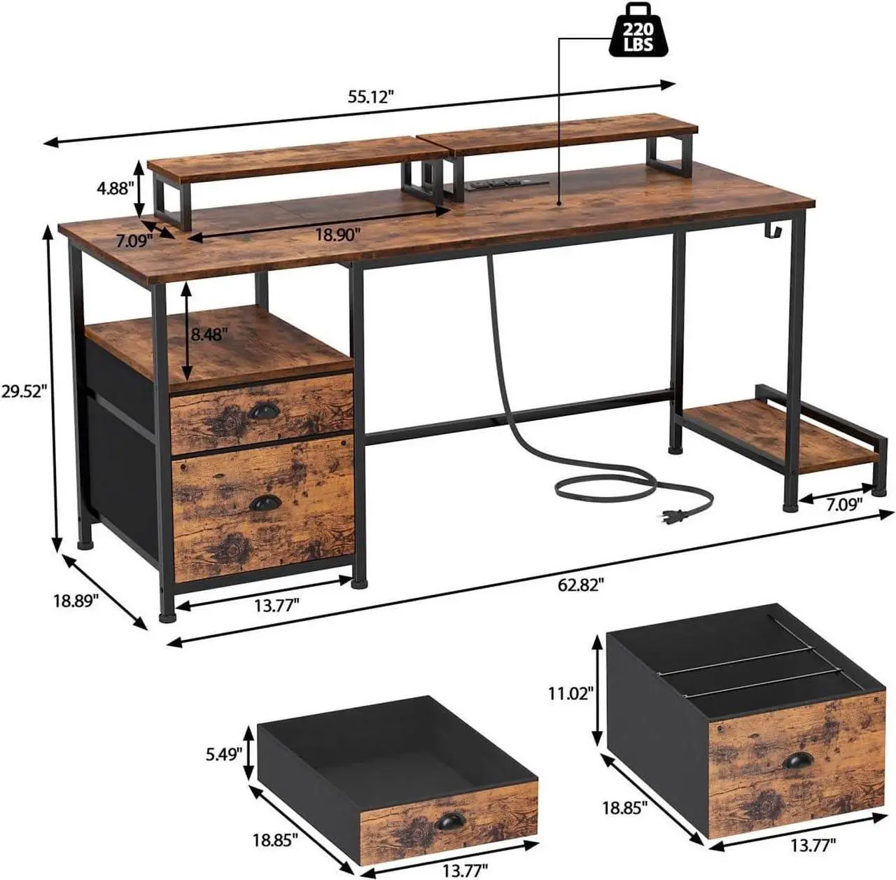 Alt view image 7 of 7 - 55" Computer Desk with Drawer and Power Outlets,  Large Compter Desk with Fabric File Cabinet and 2 Movable Monitor Shelf, Writing Gaming Table with CPU Stand and 2 Hooks for Home Office, Rustic Brown