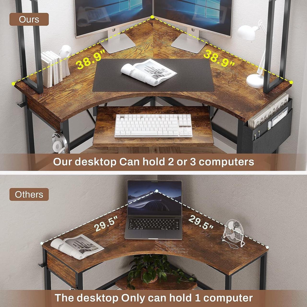 Alt view image 3 of 7 - 38.9" Corner Desk, Small Computer Desk with Hutch & LED Lights, Triangle Corner Computer Desk with Keyboard Tray, Storage Bag, and Headphone Hook for Small Space, Small Office Desk, Rustic Brown