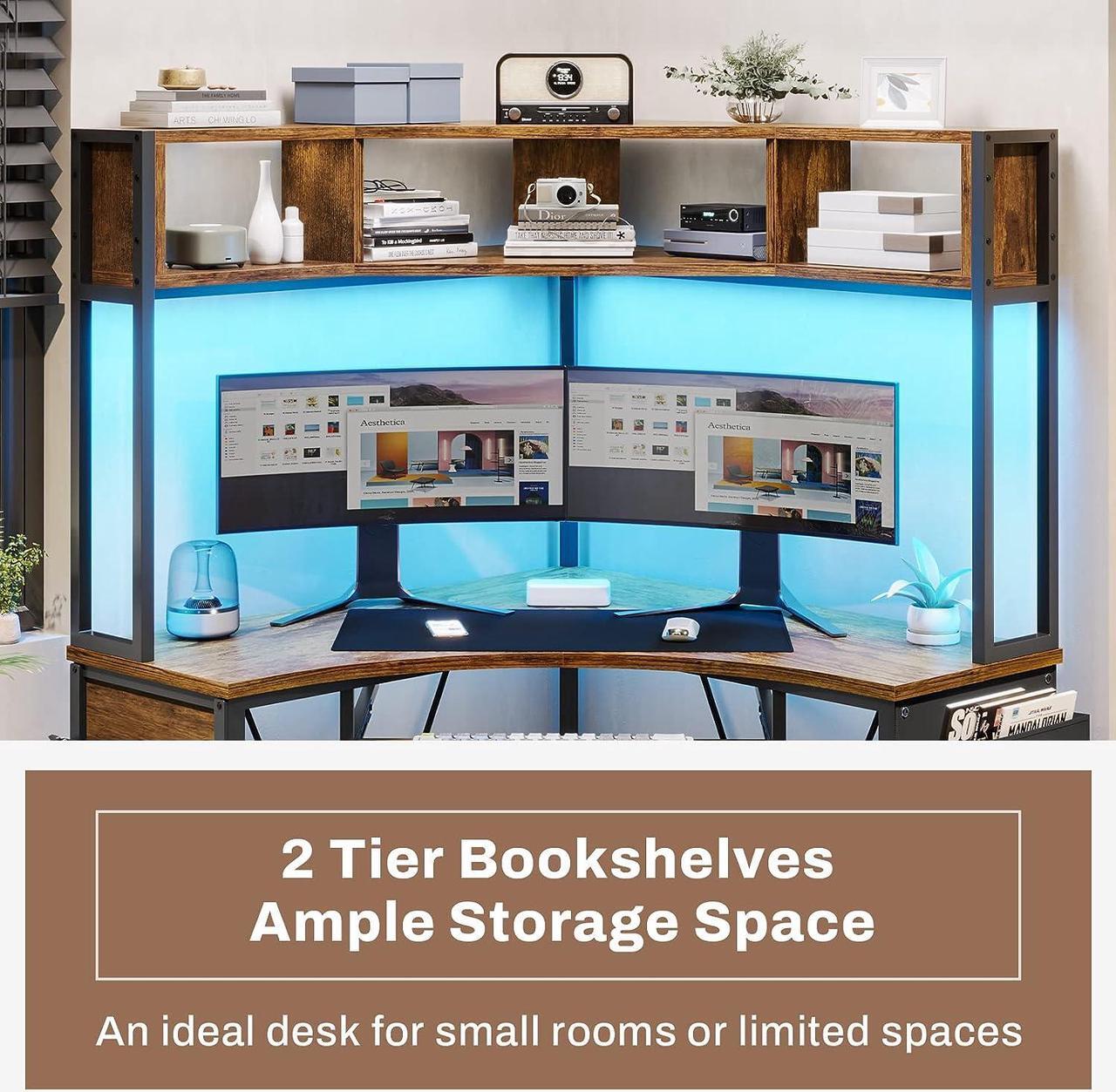 Alt view image 4 of 7 - 38.9" Corner Desk, Small Computer Desk with Hutch & LED Lights, Triangle Corner Computer Desk with Keyboard Tray, Storage Bag, and Headphone Hook for Small Space, Small Office Desk, Rustic Brown