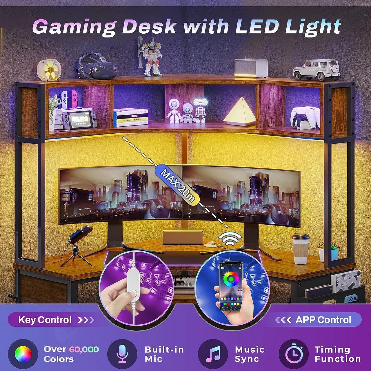 Alt view image 7 of 7 - 38.9" Corner Desk, Small Computer Desk with Hutch & LED Lights, Triangle Corner Computer Desk with Keyboard Tray, Storage Bag, and Headphone Hook for Small Space, Small Office Desk, Rustic Brown