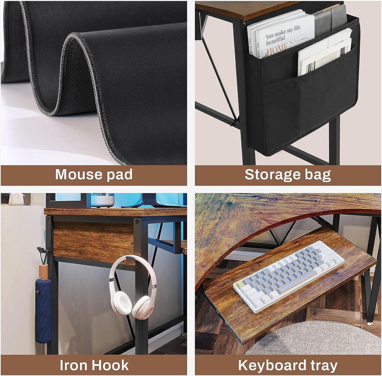 Alt view image 5 of 7 - 38.9" Corner Desk, Small Computer Desk with Hutch & LED Lights, Triangle Corner Computer Desk with Keyboard Tray, Storage Bag, and Headphone Hook for Small Space, Small Office Desk, Rustic Brown