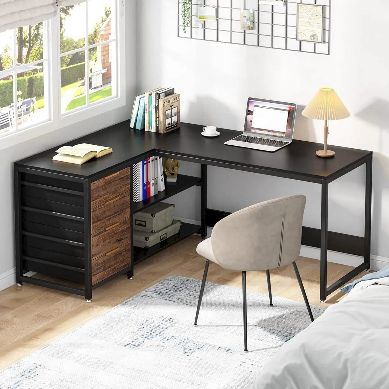 Alt view image 5 of 6 - 59" L Shaped Computer Desk with Storage Drawers, 59 inch Corner Desk with Shelves, Reversible L-Shaped Office Desk Writing Table Workstation for Home Office, Black