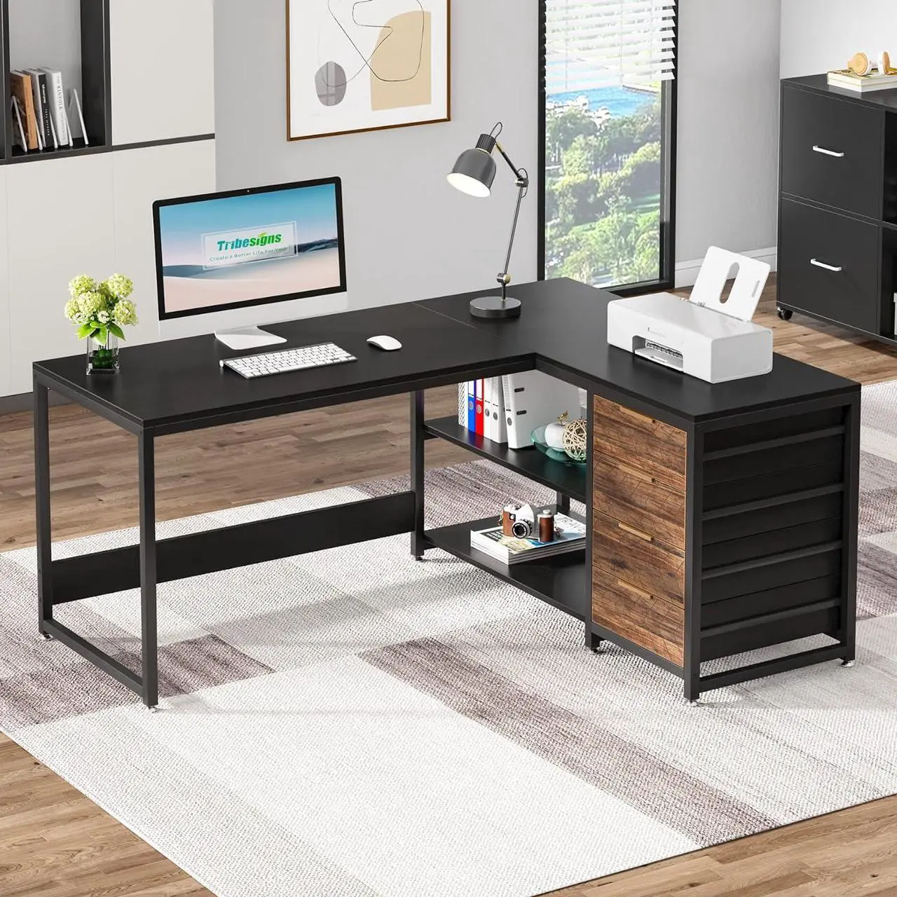 Alt view image 3 of 6 - 59" L Shaped Computer Desk with Storage Drawers, 59 inch Corner Desk with Shelves, Reversible L-Shaped Office Desk Writing Table Workstation for Home Office, Black