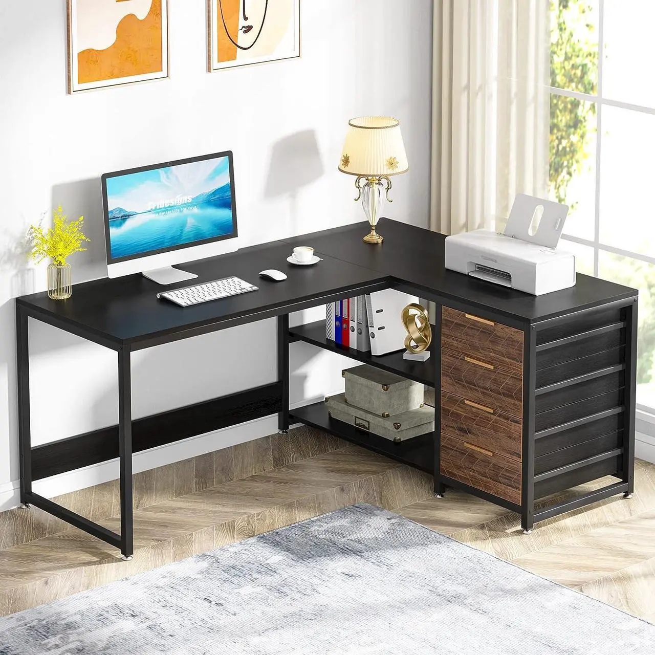 Main image of 59" L Shaped Computer Desk with Storage Drawers, 59 inch Corner Desk with Shelves, Reversible L-Shaped Office Desk Writing Table Workstation for Home Office, Black