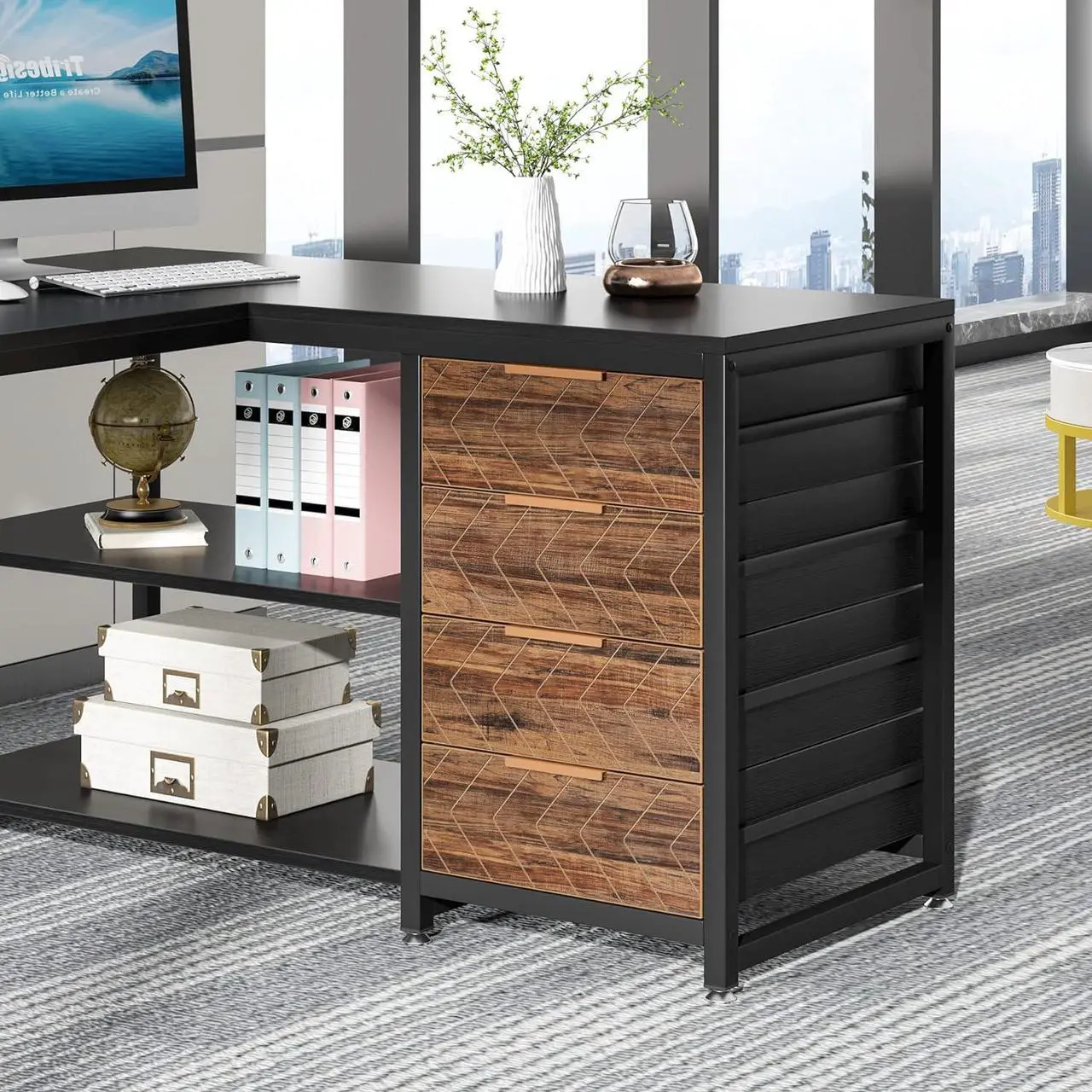 Alt view image 6 of 6 - 59" L Shaped Computer Desk with Storage Drawers, 59 inch Corner Desk with Shelves, Reversible L-Shaped Office Desk Writing Table Workstation for Home Office, Black