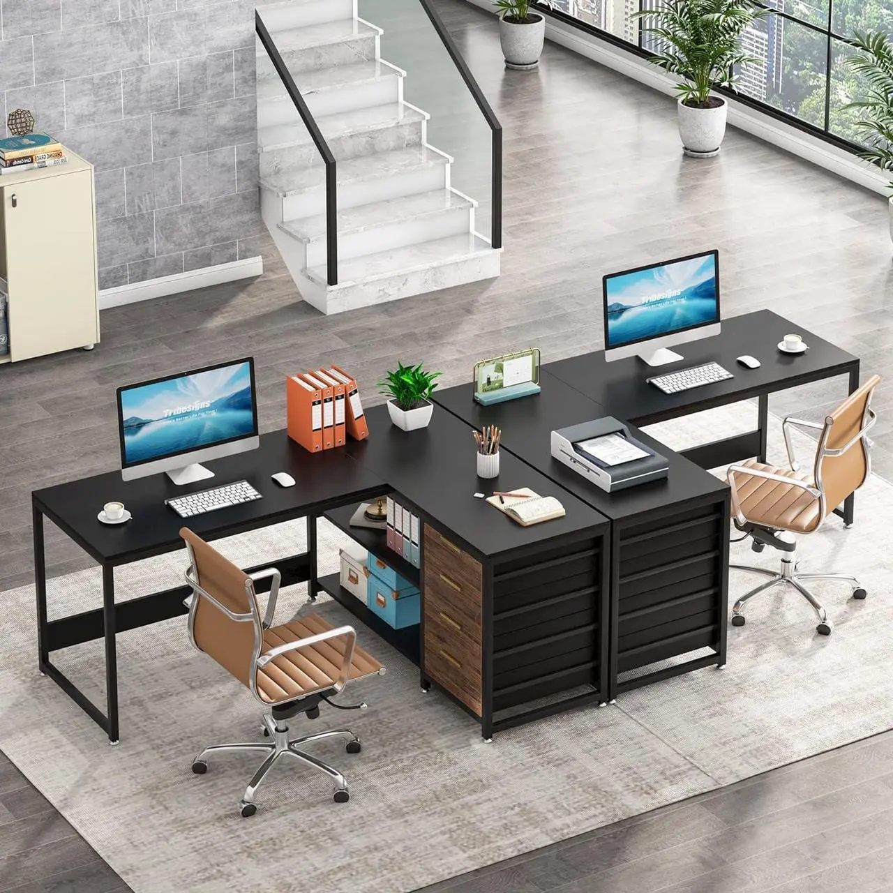 Alt view image 4 of 6 - 59" L Shaped Computer Desk with Storage Drawers, 59 inch Corner Desk with Shelves, Reversible L-Shaped Office Desk Writing Table Workstation for Home Office, Black