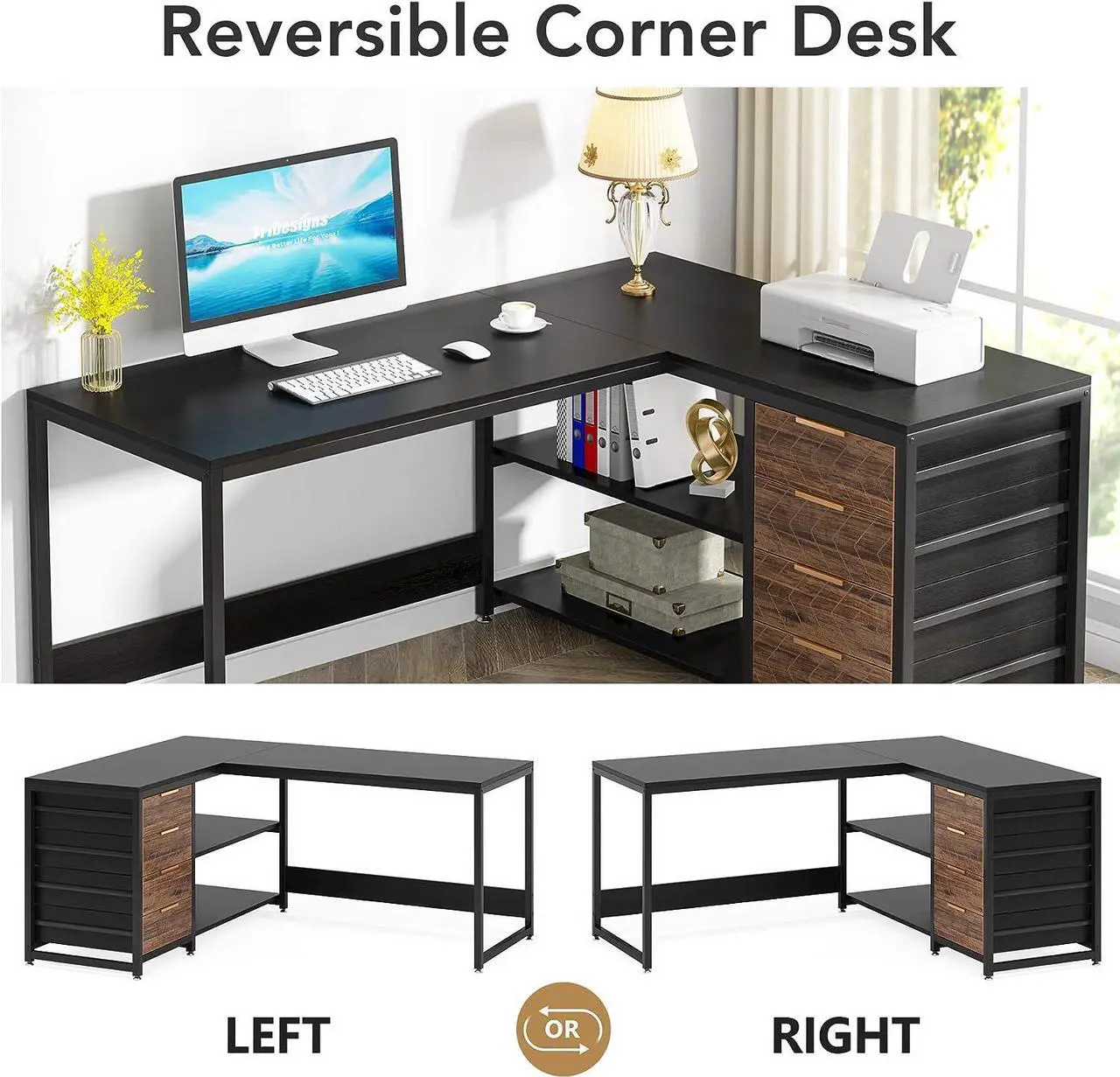 Alt view image 2 of 6 - 59" L Shaped Computer Desk with Storage Drawers, 59 inch Corner Desk with Shelves, Reversible L-Shaped Office Desk Writing Table Workstation for Home Office, Black