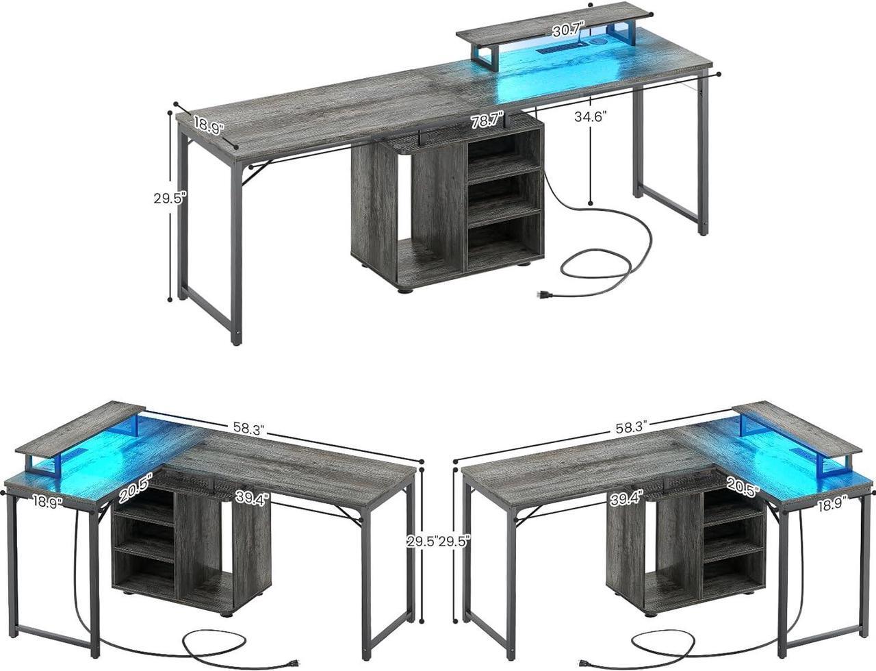 Alt view image 2 of 7 - 59'' L Shaped Desk with Power Outlet and Storage Shelves, Reversible Gaming Desk with LED Strip, Large 2 Person Computer Desk with Cabinet & Monitor Stand, Corner Home Office Desk, Grey Oak