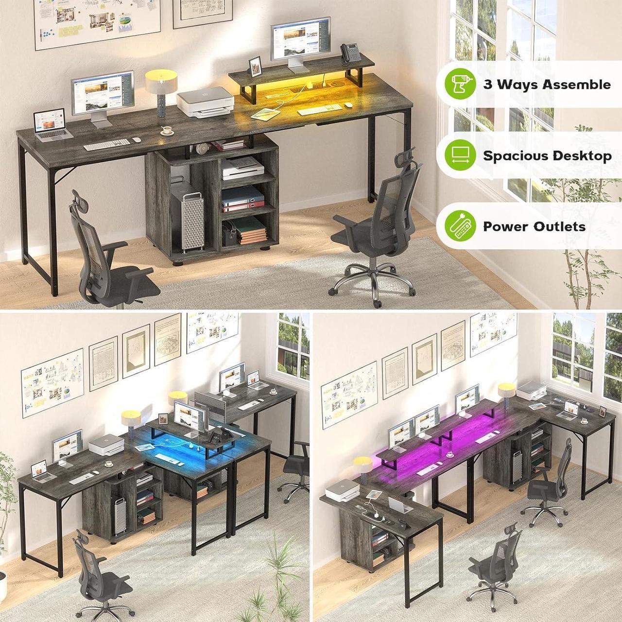 Alt view image 4 of 7 - 59'' L Shaped Desk with Power Outlet and Storage Shelves, Reversible Gaming Desk with LED Strip, Large 2 Person Computer Desk with Cabinet & Monitor Stand, Corner Home Office Desk, Grey Oak