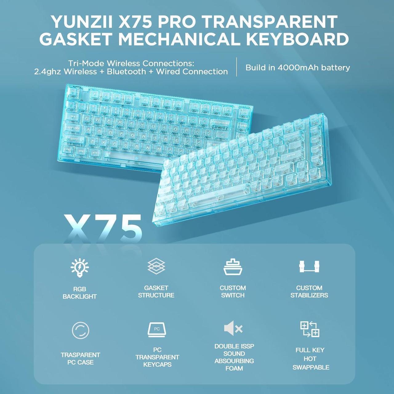 Alt view image 2 of 7 - 82 Key Wireless Hot Swappable Mechanical Gaming Keyboard with Transparent Keycaps,BT5.0/2.4G/USB-C, Gasket Mount Keyboard,for Windows/Mac (Crystal Ice Switch, Wireless-Light Blue)