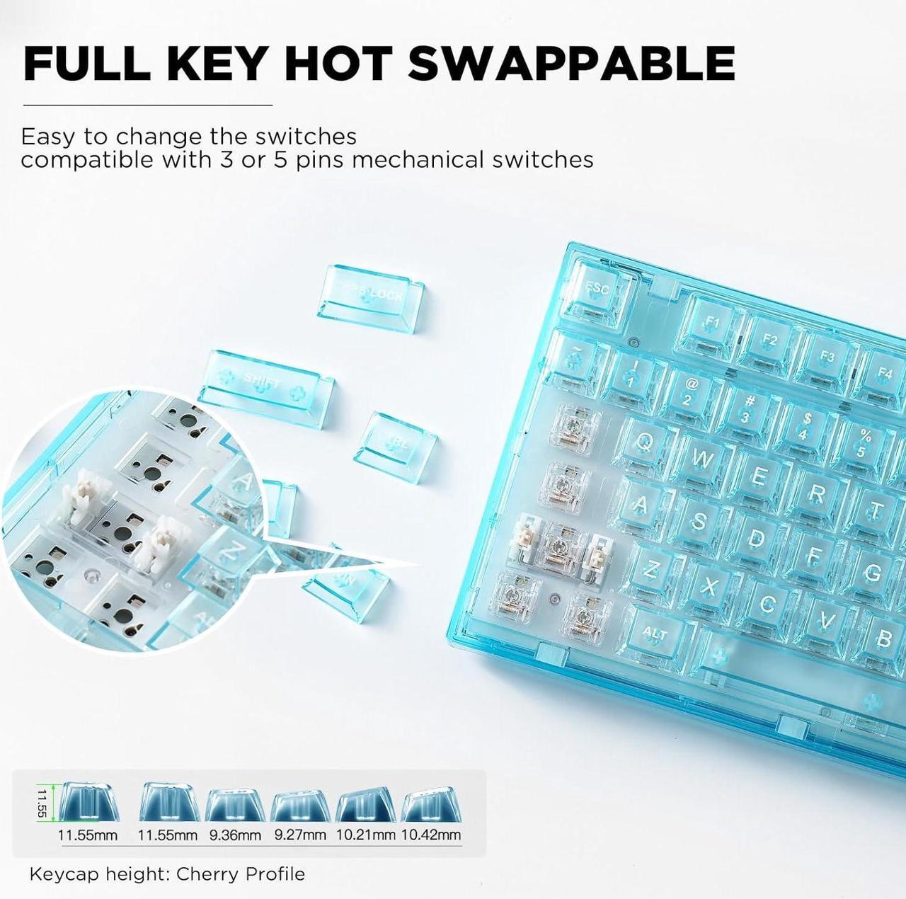 Alt view image 5 of 7 - 82 Key Wireless Hot Swappable Mechanical Gaming Keyboard with Transparent Keycaps,BT5.0/2.4G/USB-C, Gasket Mount Keyboard,for Windows/Mac (Crystal Ice Switch, Wireless-Light Blue)