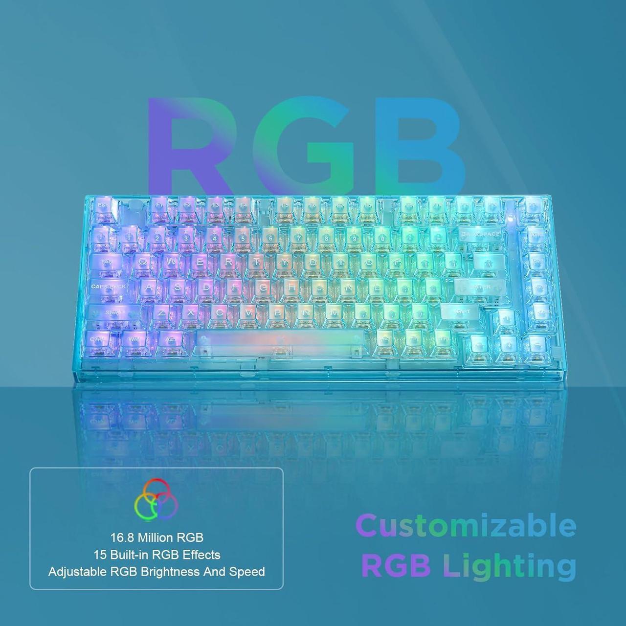 Alt view image 6 of 7 - 82 Key Wireless Hot Swappable Mechanical Gaming Keyboard with Transparent Keycaps,BT5.0/2.4G/USB-C, Gasket Mount Keyboard,for Windows/Mac (Crystal Ice Switch, Wireless-Light Blue)
