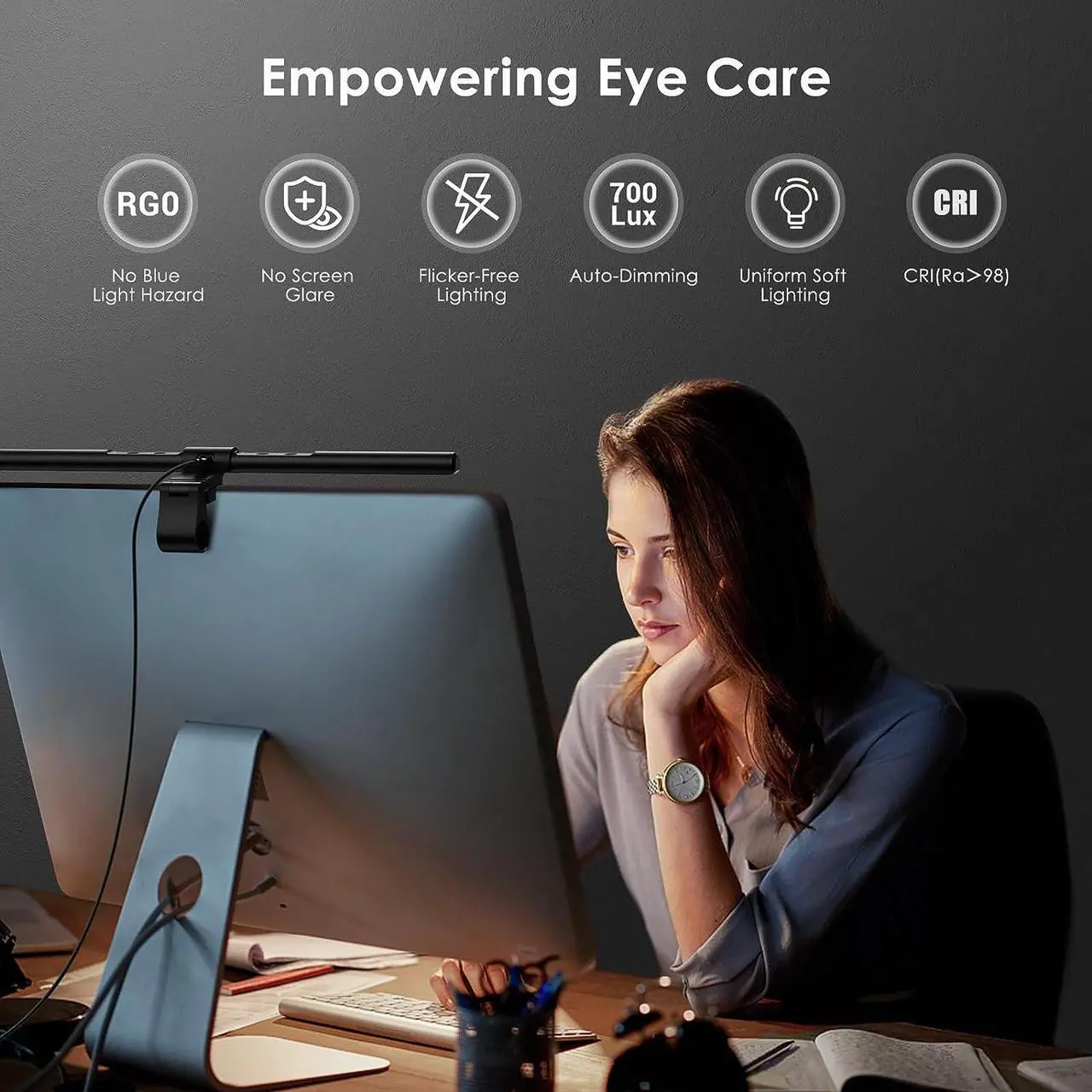 Alt view image 2 of 7 - Computer Monitor Lamp, Screen Monitor Light Bar for Eye Caring, e-Reading LED Task Lamp with Auto-Dimming & Stepless Hue Adjustment, Touch Control, No Screen Glare Space Saving Home Office Lamp