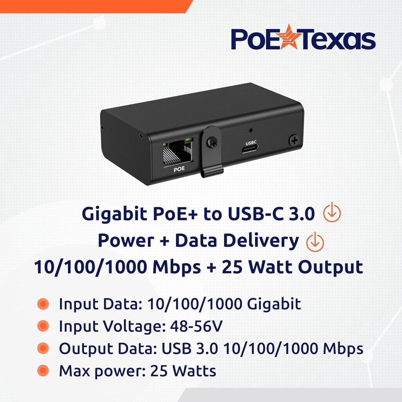 Alt view image 3 of 7 - Gigabit PoE+ (802.3at) to USB-C 3.0 Power + Data Delivery w/ 25 Watt Output - Power over Ethernet Active PoE Adapter to USB-C for iPad Pro 12.9, Surface Go, Galaxy Tab for POS, Kiosks & More