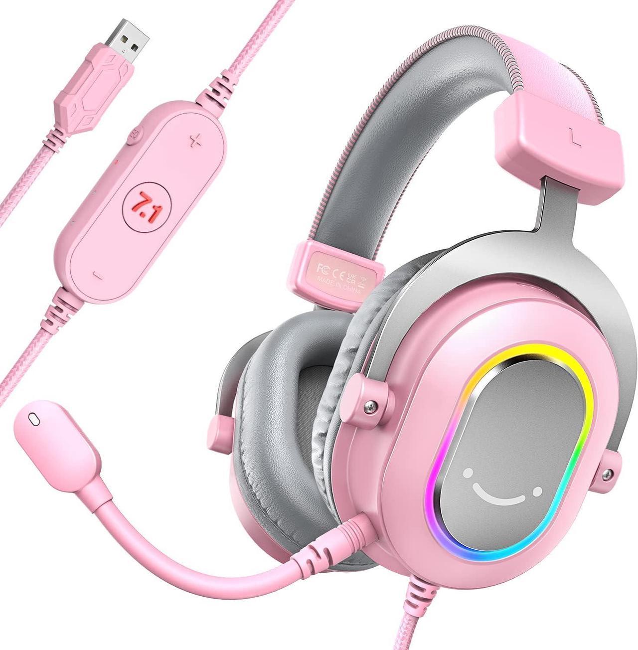 FIFINE Gaming Headset for PC-Wired Headphones with Microphone-7.1 Surround Sound Computer USB Headset for Laptop, Streaming Headphones on PS4/PS5, with EQ Mode, RGB, Soft Ear Pads - AmpliGame H6 Pink