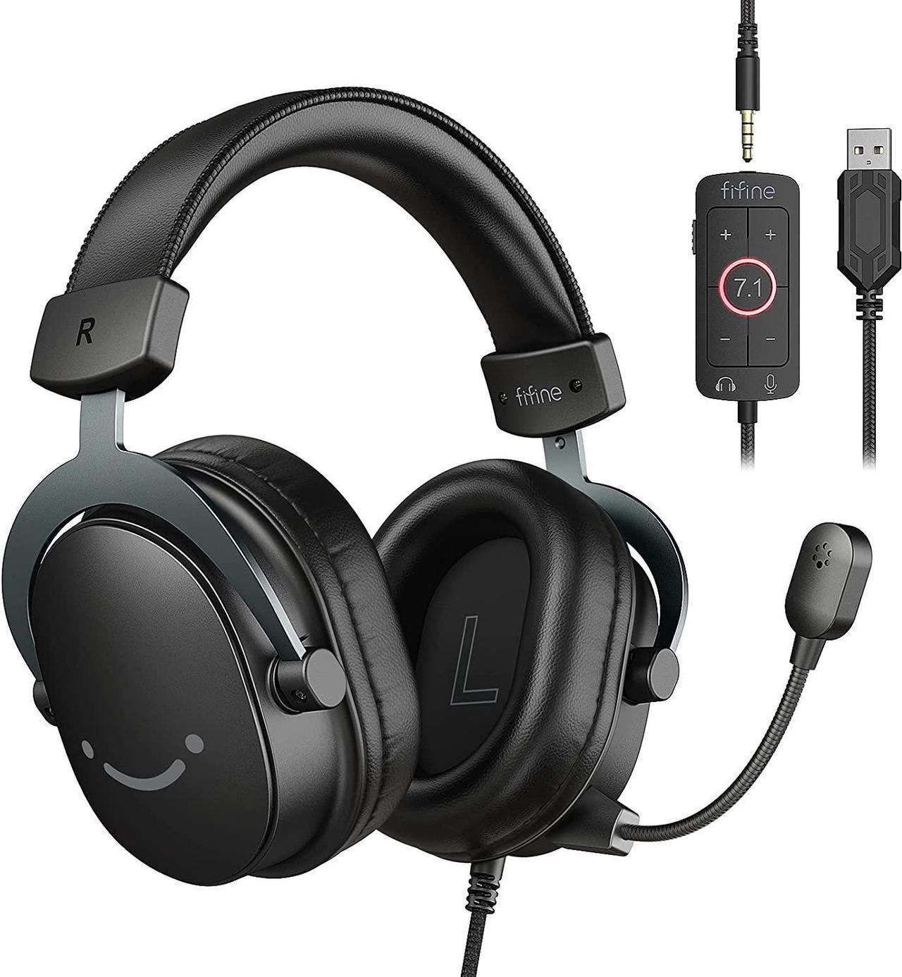 PC Gaming Headset, USB Headset with 7.1 Surround Sound, Detachable Microphone, Control Box, 3.5mm Headphones Jack, Over-Ear Wired Headset for PS5/PS4/Xbox/Switch, Black-AmpliGame