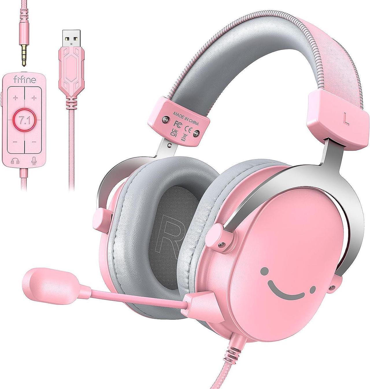 PC Gaming Headset, USB Headset with 7.1 Surround Sound, Detachable Microphone, Control Box, 3.5mm Headphones Jack, Over-Ear Wired Headset for PS5/PS4/Xbox/Switch, Pink-AmpliGame