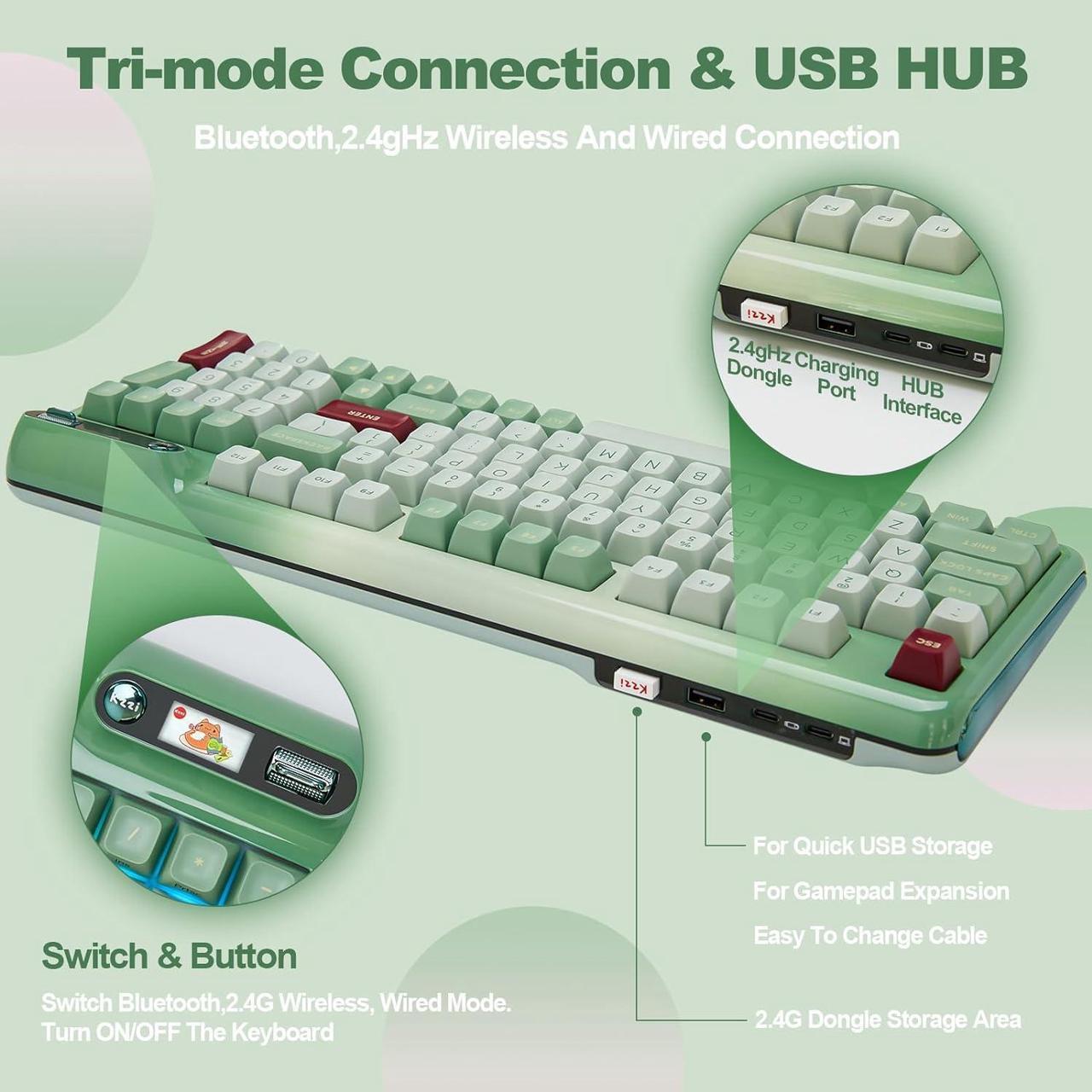 Alt view image 3 of 7 - Mechanical Keyboard, Hot Swap Gasket Wireless Gaming Keyboard with Knob OLED Smart Display, Wireless/Bluetooth/USB-C Wired for Win/Mac (Tactile Switch, Green)