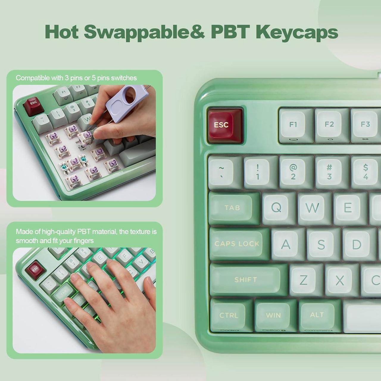 Alt view image 4 of 7 - Mechanical Keyboard, Hot Swap Gasket Wireless Gaming Keyboard with Knob OLED Smart Display, Wireless/Bluetooth/USB-C Wired for Win/Mac (Tactile Switch, Green)