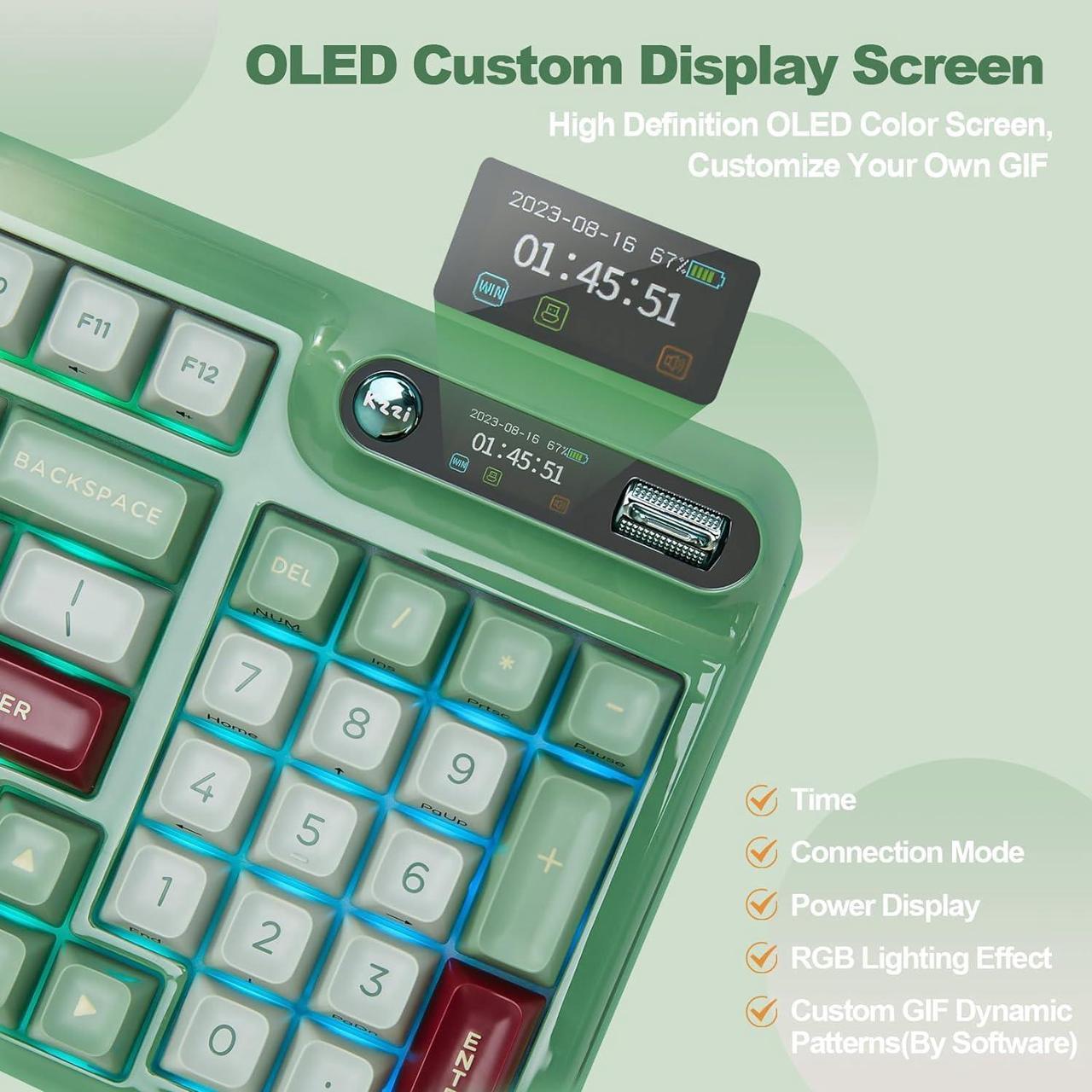 Alt view image 5 of 7 - Mechanical Keyboard, Hot Swap Gasket Wireless Gaming Keyboard with Knob OLED Smart Display, Wireless/Bluetooth/USB-C Wired for Win/Mac (Tactile Switch, Green)