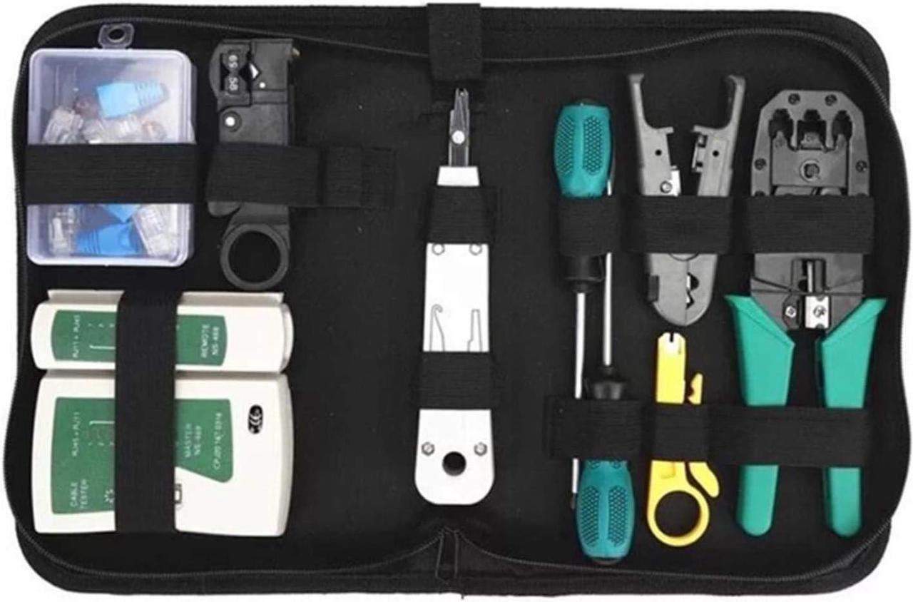 Main image of Network Tool Kit for Cat5 Cat5e Cat6, 11 in 1 Portable Ethernet Cable Crimper Kit with a Ethernet Crimping Tool, 8p8c 6p6c Connectors rj45 rj11 Cat5 Cat6 Cable Tester, Punch Down Tool