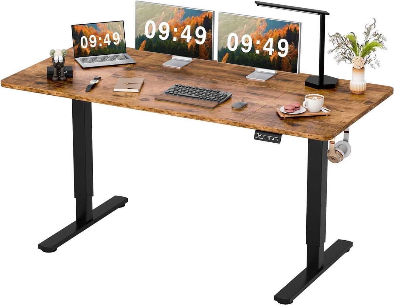 Main image of 63" Electric Height Adjustable Standing Desk Large 63 x 24 Inches Sit Stand Up Desk Home Office Computer Desk Memory Preset with T-Shaped Metal Bracket,Brown