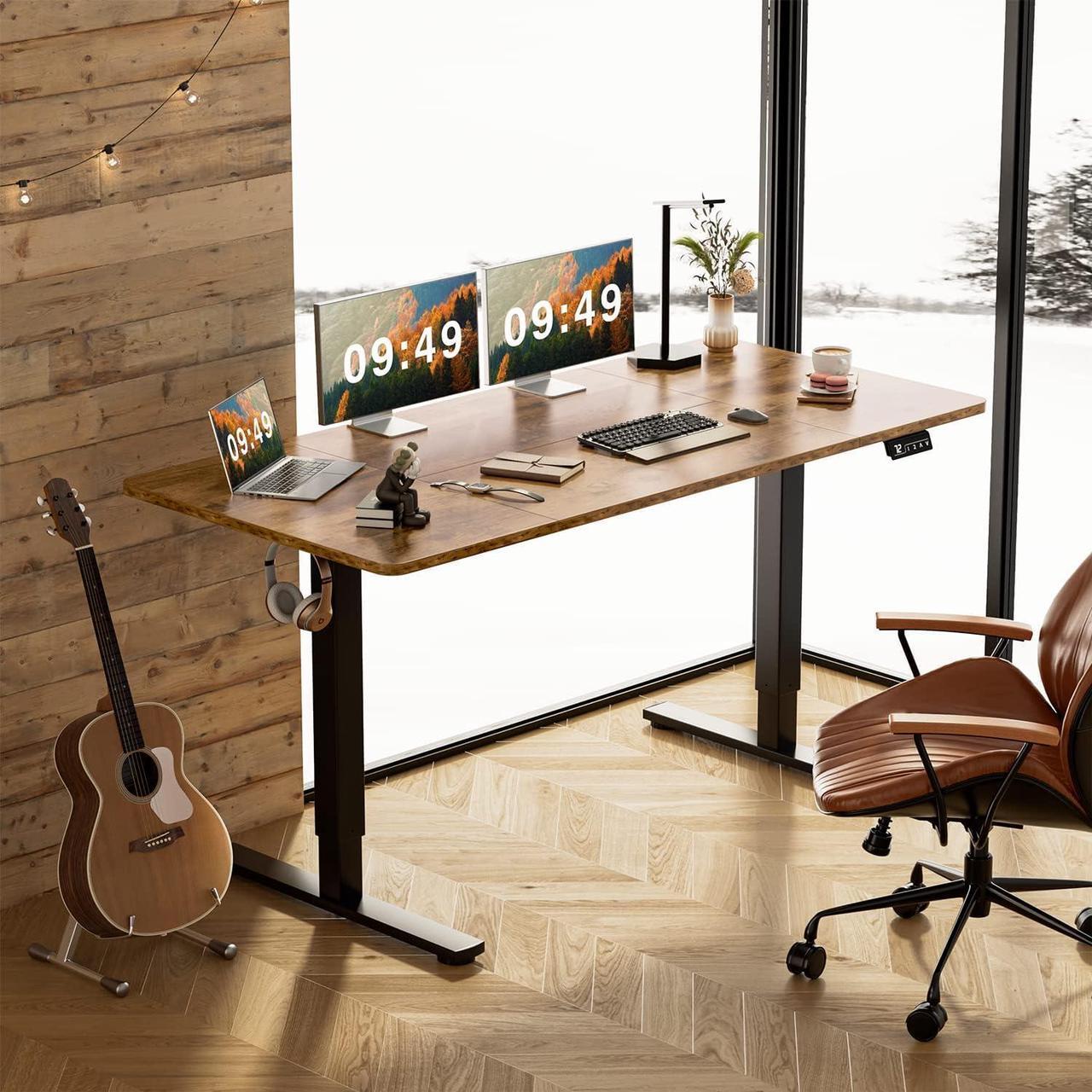 Alt view image 4 of 7 - 63" Electric Height Adjustable Standing Desk Large 63 x 24 Inches Sit Stand Up Desk Home Office Computer Desk Memory Preset with T-Shaped Metal Bracket,Brown