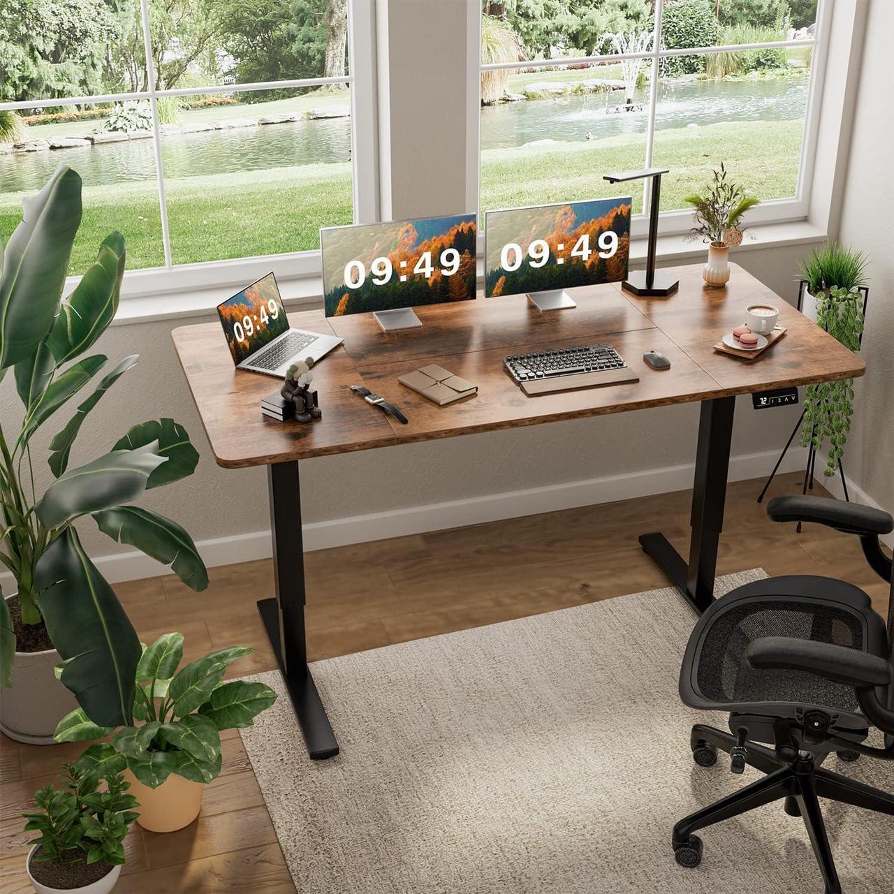 Alt view image 2 of 7 - 63" Electric Height Adjustable Standing Desk Large 63 x 24 Inches Sit Stand Up Desk Home Office Computer Desk Memory Preset with T-Shaped Metal Bracket,Brown