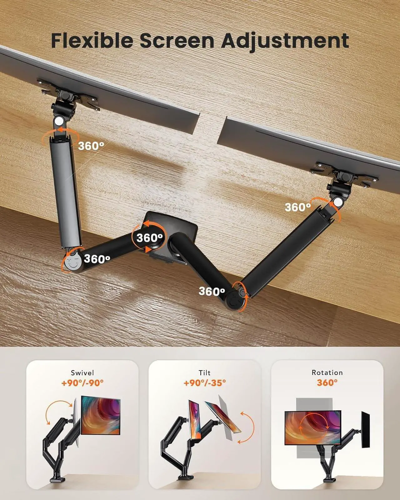Alt view image 4 of 7 - Dual Monitor Mount for 1732 Screens, Max 22 lbs Each Arm, Adjustable Dual Monitor Stand, Sturdy Dual Monitor Arm with 180° Swivel, Tilt, 360° Rotation for Home and Office, VESA 75/100mm