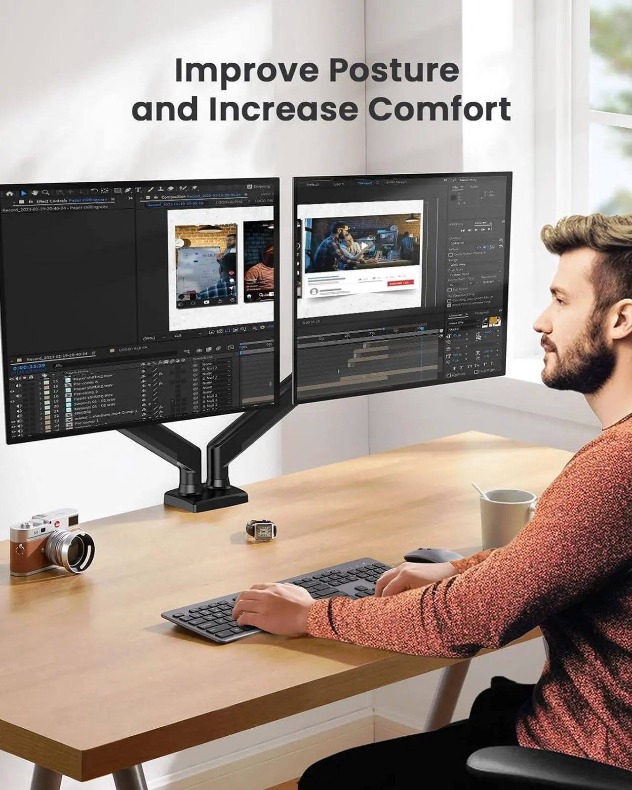 Alt view image 6 of 7 - Dual Monitor Mount for 1732 Screens, Max 22 lbs Each Arm, Adjustable Dual Monitor Stand, Sturdy Dual Monitor Arm with 180° Swivel, Tilt, 360° Rotation for Home and Office, VESA 75/100mm