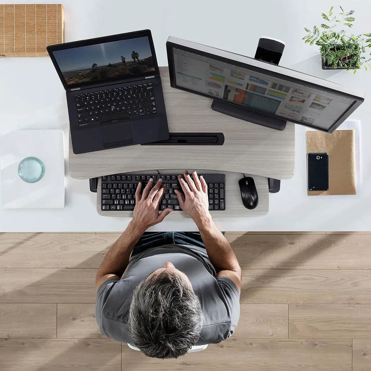 Alt view image 3 of 5 - Ergotron WorkFit-Z Mini Small Standing Desk Converter, Laptop Sit Stand Desk Riser for Tabletops and Home Office  31 Inch Width, Grey Woodgrain