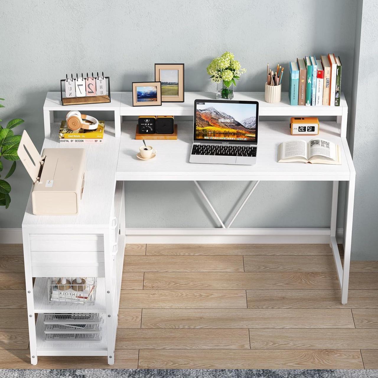 Alt view image 5 of 6 - 55.1" Reversible L Shaped Desk with Drawer, Industrial Corner Desk Home Office Table with Storage Shelves and Monitor Stand, Rustic Wooden and Metal PC Desk for Small Space (White)