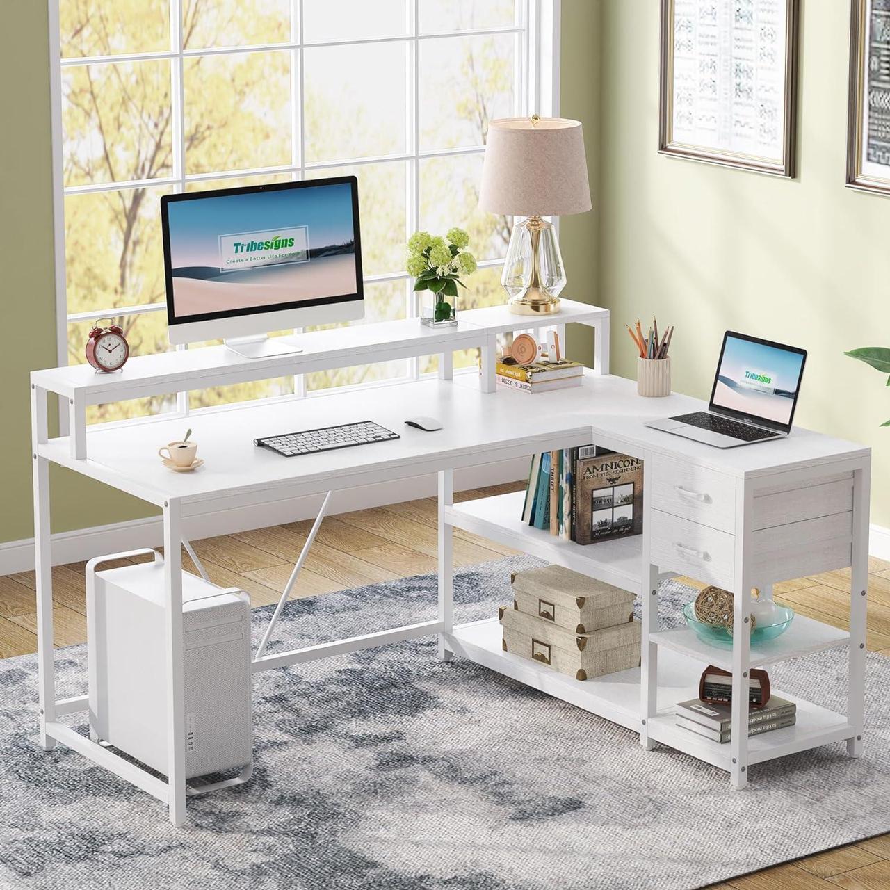 Alt view image 2 of 6 - 55.1" Reversible L Shaped Desk with Drawer, Industrial Corner Desk Home Office Table with Storage Shelves and Monitor Stand, Rustic Wooden and Metal PC Desk for Small Space (White)