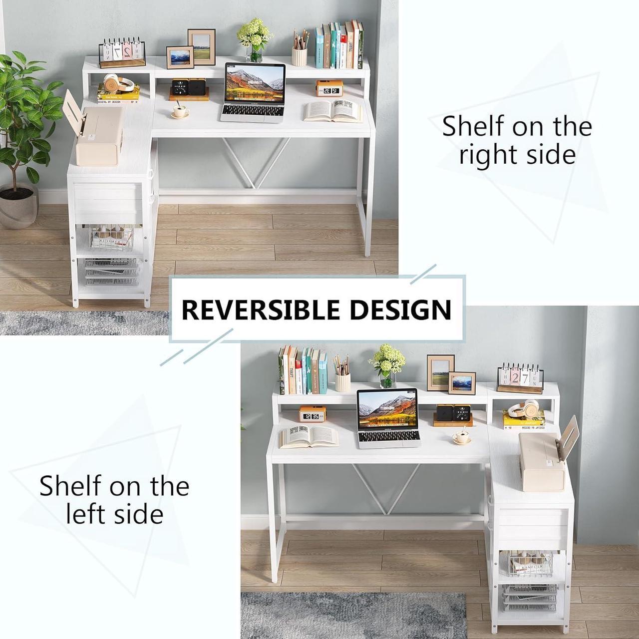 Alt view image 3 of 6 - 55.1" Reversible L Shaped Desk with Drawer, Industrial Corner Desk Home Office Table with Storage Shelves and Monitor Stand, Rustic Wooden and Metal PC Desk for Small Space (White)
