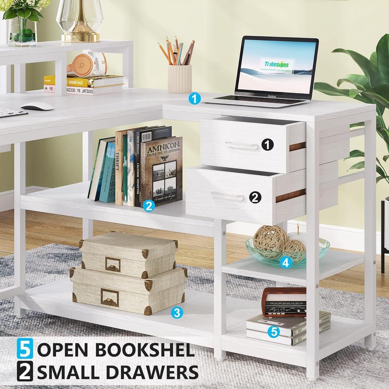 Alt view image 4 of 6 - 55.1" Reversible L Shaped Desk with Drawer, Industrial Corner Desk Home Office Table with Storage Shelves and Monitor Stand, Rustic Wooden and Metal PC Desk for Small Space (White)