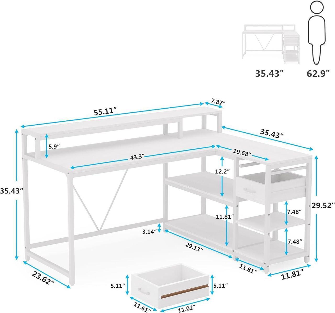 Alt view image 6 of 6 - 55.1" Reversible L Shaped Desk with Drawer, Industrial Corner Desk Home Office Table with Storage Shelves and Monitor Stand, Rustic Wooden and Metal PC Desk for Small Space (White)
