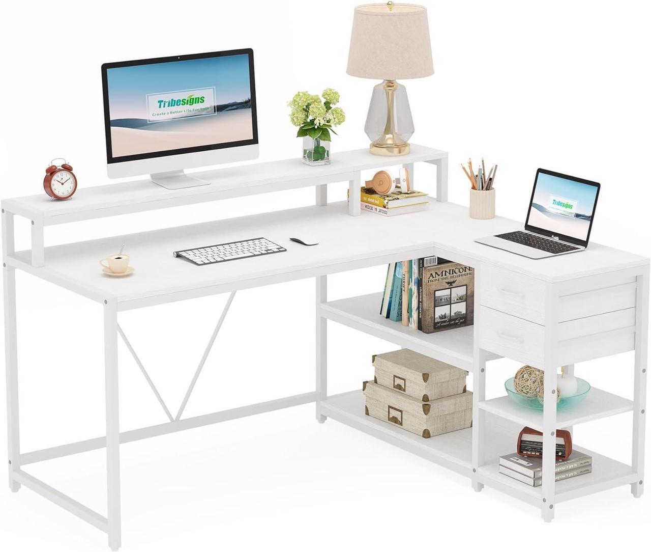 Main image of 55.1" Reversible L Shaped Desk with Drawer, Industrial Corner Desk Home Office Table with Storage Shelves and Monitor Stand, Rustic Wooden and Metal PC Desk for Small Space (White)