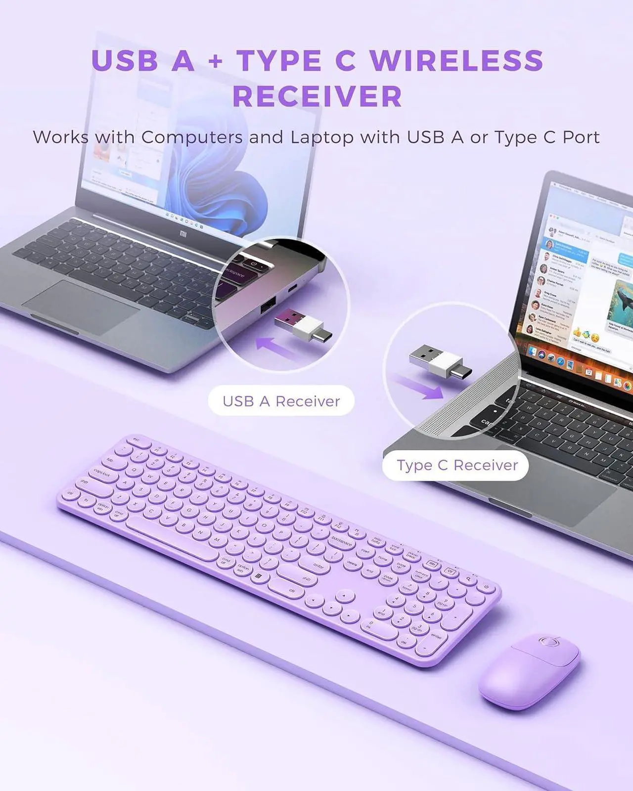 Alt view image 2 of 7 - Keyboard and Mouse Set ,Cute Wireless Keyboard and Mouse with USB and Type C Receiver, Full Size Cordless Purple Wireless Keyboard for Mac and Windows, Laptop, PC (Purple)