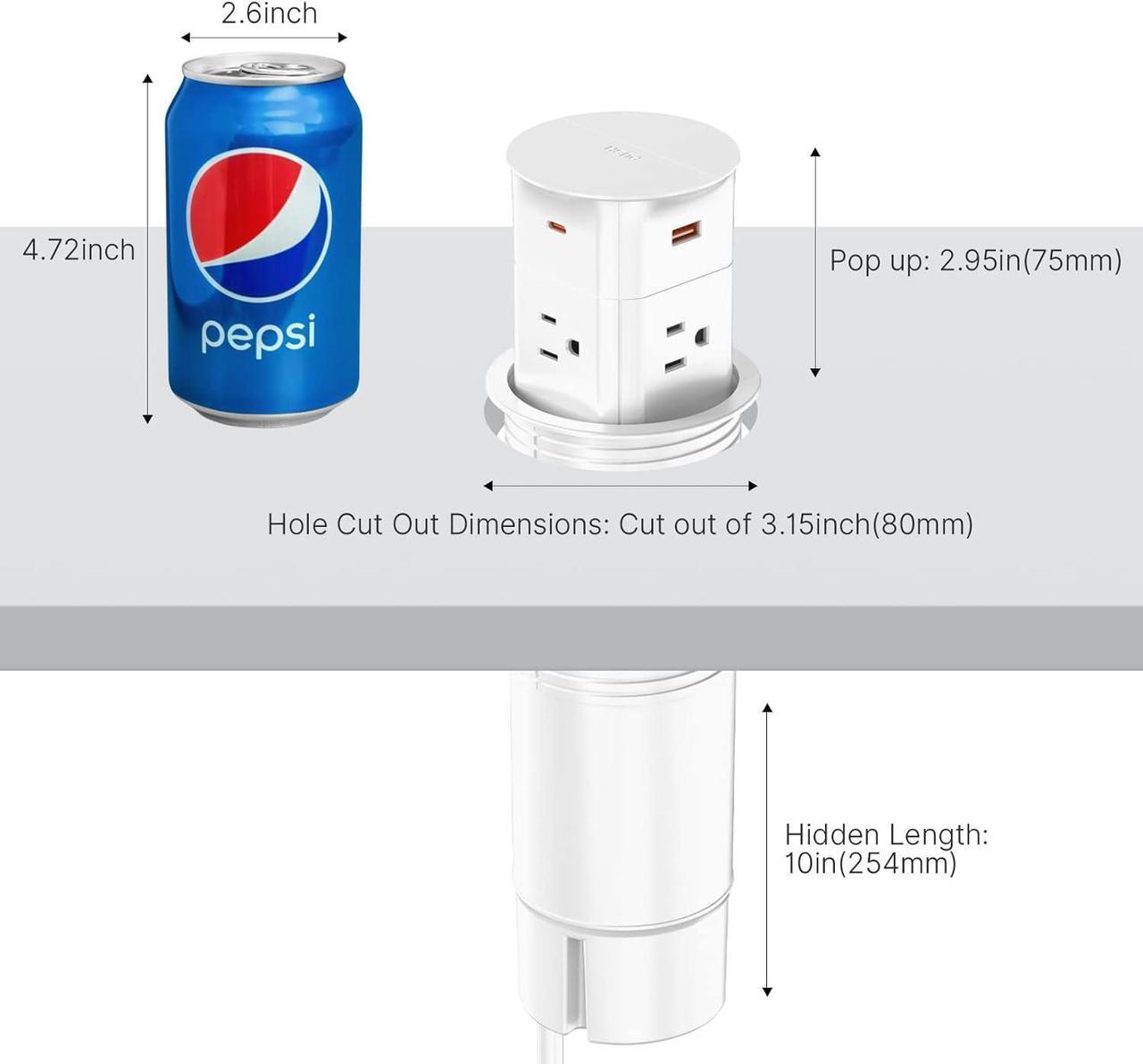 Alt view image 5 of 7 - Pop up Outlet for Countertop, PD 20W USB C Fast Charging, 3.15" Desk Grommet Power Station, 4 Outlets,4-USB, Kitchen Island Pop Up Electrical Outlet, Office Recessed Power Supply,6ft Cord,  White