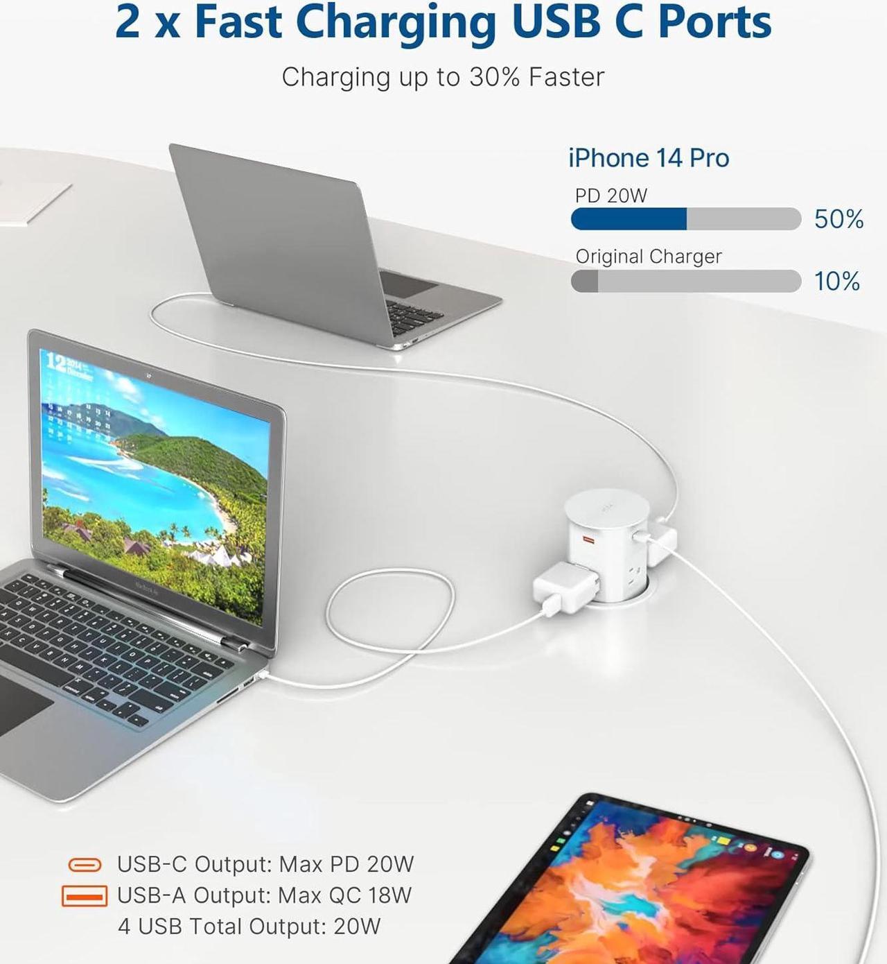 Alt view image 4 of 7 - Pop up Outlet for Countertop, PD 20W USB C Fast Charging, 3.15" Desk Grommet Power Station, 4 Outlets,4-USB, Kitchen Island Pop Up Electrical Outlet, Office Recessed Power Supply,6ft Cord,  White