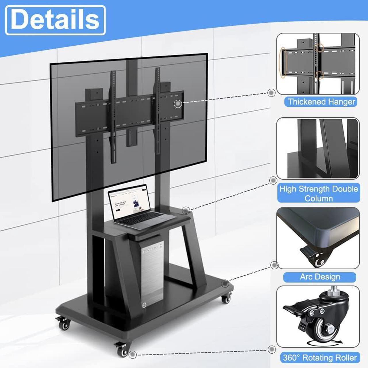 Alt view image 3 of 7 - Mobile TV Stand,Rolling TVs Cart on Wheels Height Adjustable Heavy-Duty Floor Stand Base for 32 -70 Inch LCD LED OLED Flat Panel Screens Smartboard Movable Holds up to 100lbs with Shelf