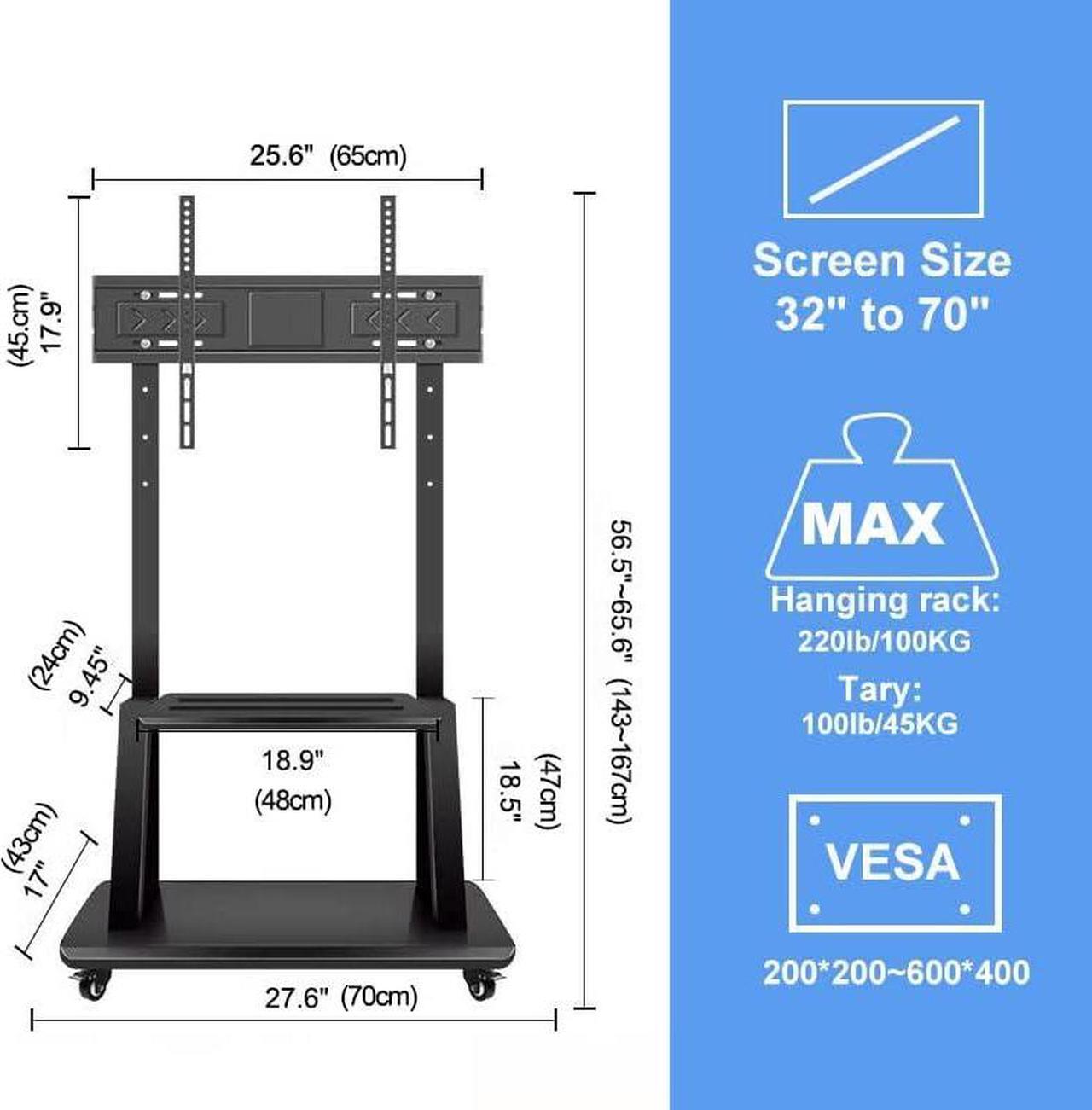 Alt view image 5 of 7 - Mobile TV Stand,Rolling TVs Cart on Wheels Height Adjustable Heavy-Duty Floor Stand Base for 32 -70 Inch LCD LED OLED Flat Panel Screens Smartboard Movable Holds up to 100lbs with Shelf