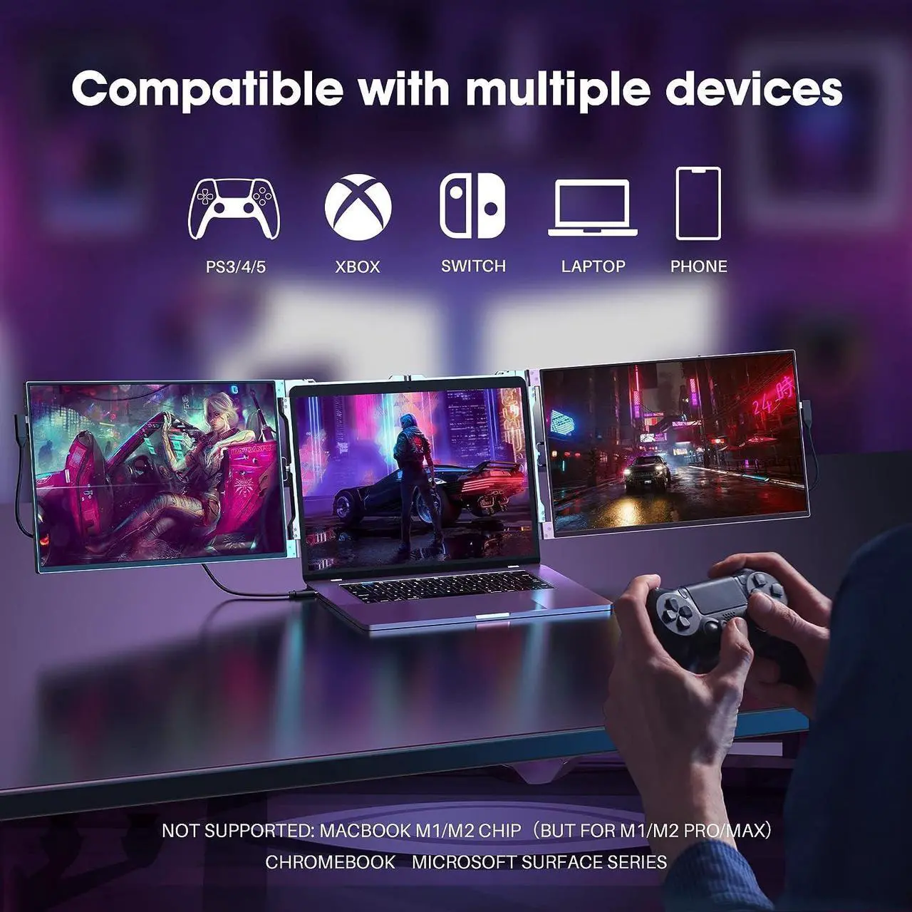 Alt view image 6 of 7 - Triple Portable Monitor for 13-16" Laptop, Aluminum Alloy 1200P 14inch Tri-Screen Monitor Extender with HDMI & USB-C Ports,Compatible with Mac & Windows