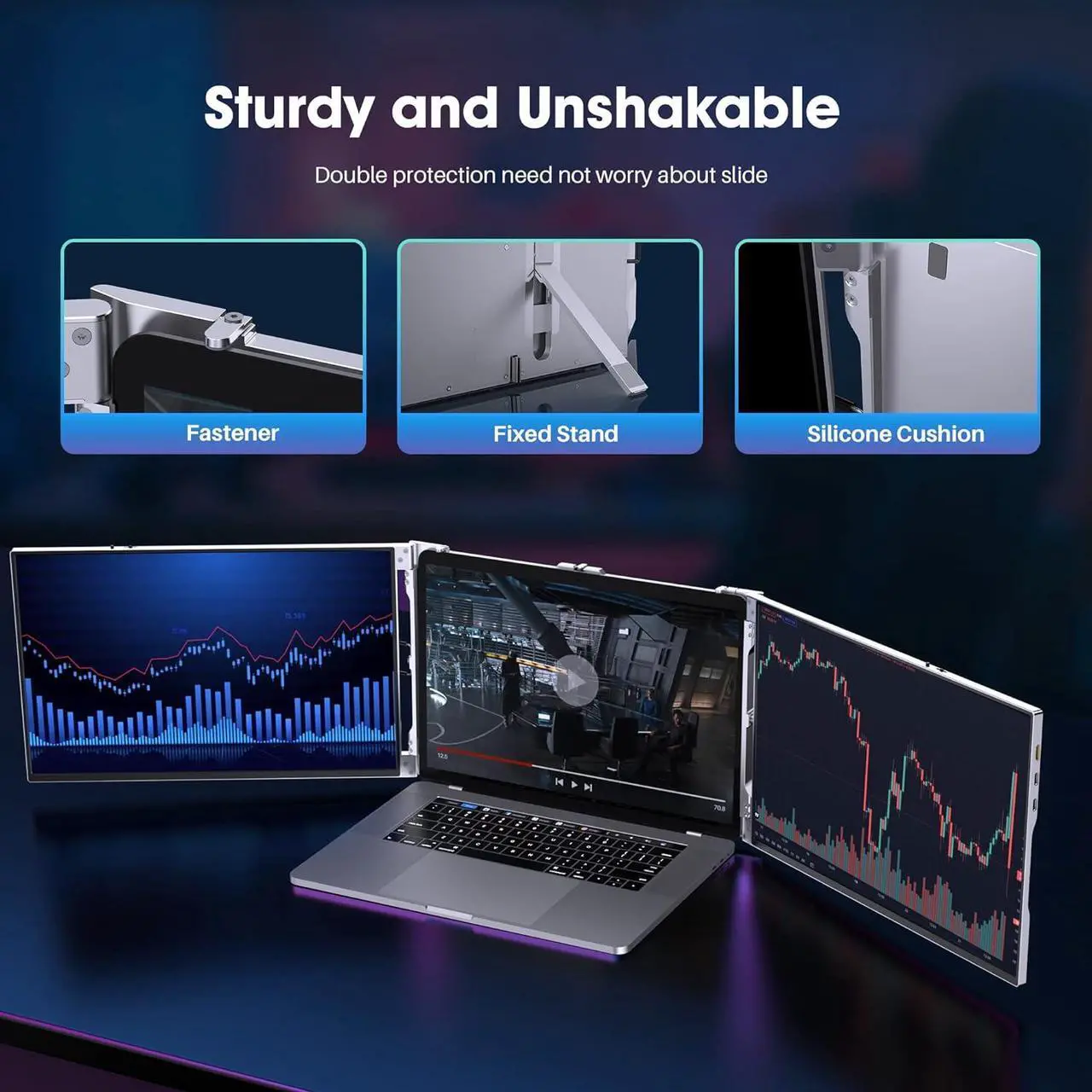 Alt view image 7 of 7 - Triple Portable Monitor for 13-16" Laptop, Aluminum Alloy 1200P 14inch Tri-Screen Monitor Extender with HDMI & USB-C Ports,Compatible with Mac & Windows