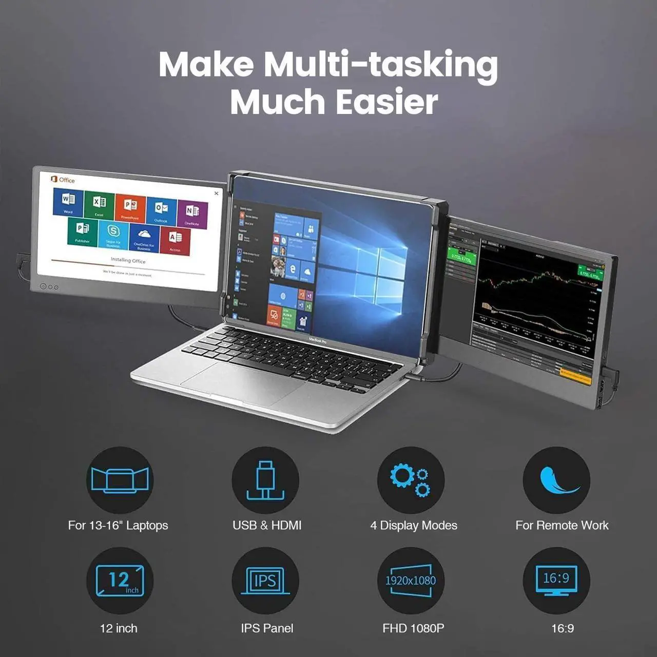 Alt view image 2 of 6 - Portable Monitor for Laptop, 12 Full HD IPS Display, Dual Triple Monitor Screen Extender, HDMI/USB-A/Type-C Plug and Play for Windows, Chrome & Mac, Work with 13-16 Laptops