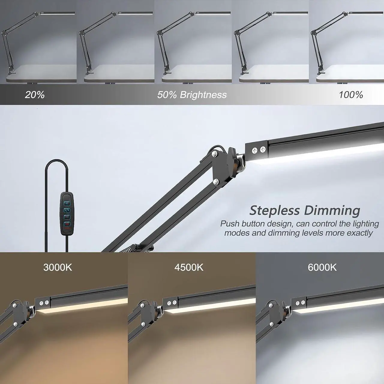 Alt view image 2 of 6 - LED Desk Lamp,Adjustable Swing Arm Desk Lamp with Clamp,Dimmable Desk Light Eye-Care Table Light, Memory Function, 3 Color Modes, 10-Level Brightness Table Lamp for Home, Office, Study, Reading
