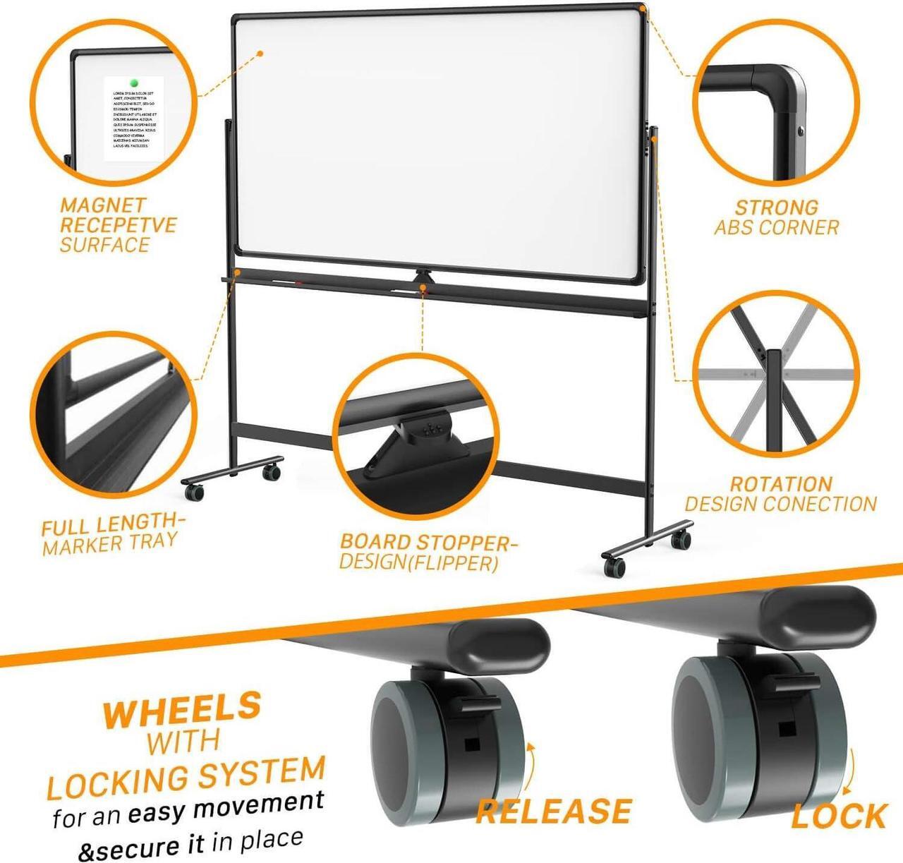 Alt view image 3 of 6 - Dry Erase Whiteboard Easel on Wheels 70'' x 36'' Large Double Sided Mobile Whiteboard, Reversible Magnetic Rolling White Board for Home Office Classroom, Flip Chart Holders and Paper Pad