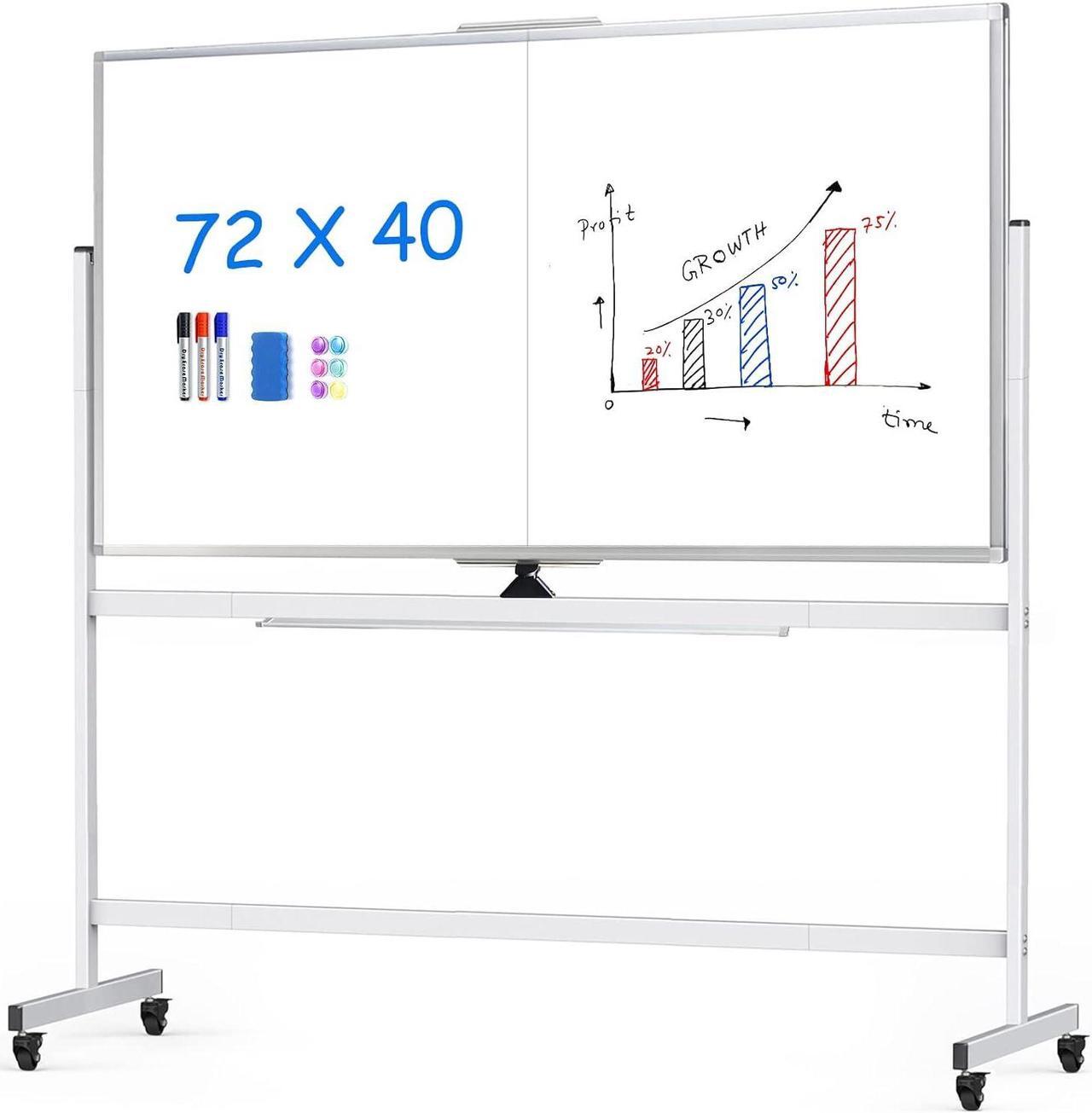 Main image of 72 x 40 Double Sided Rolling Whiteboard, Mobile Whiteboard Magnetic White Board - Large Reversible Dry Erase Board Easel Standing Board on Wheels with Silver Aluminum Frame and Stand