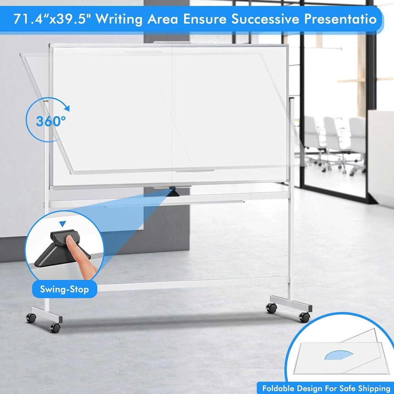 Alt view image 3 of 6 - 72 x 40 Double Sided Rolling Whiteboard, Mobile Whiteboard Magnetic White Board - Large Reversible Dry Erase Board Easel Standing Board on Wheels with Silver Aluminum Frame and Stand