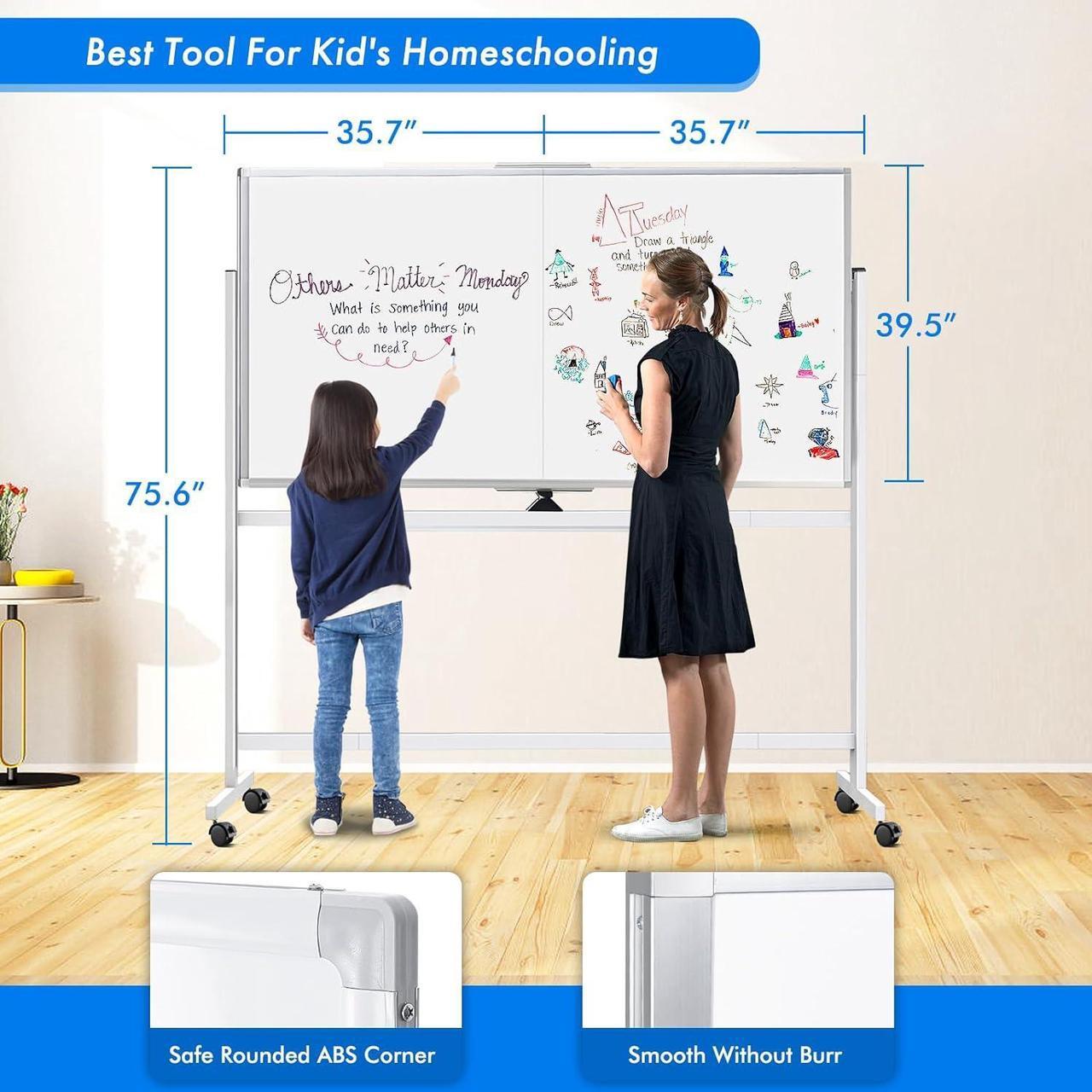 Alt view image 5 of 6 - 72 x 40 Double Sided Rolling Whiteboard, Mobile Whiteboard Magnetic White Board - Large Reversible Dry Erase Board Easel Standing Board on Wheels with Silver Aluminum Frame and Stand